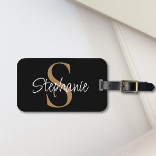 Monogram Elegant Script Name Black Gold  Luggage Tag