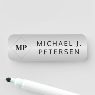 Monogram elegant silver metallic name tag
