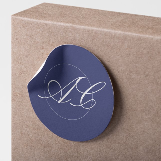 Monogram elegant simple chic navy wedding classic round sticker (Creator Uploaded)