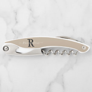 Monogram Elegant Taupe Script Initial Name Custom Corkscrew