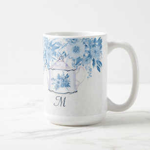 Monogram Elegant Teapot Dusty Blue n White Floral Coffee Mug