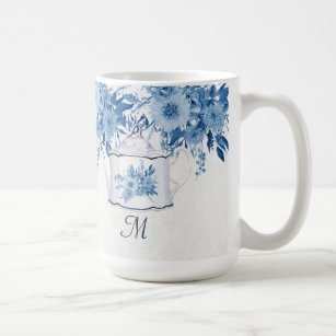 Monogram Elegant Teapot Navy Blue n White Flowers Coffee Mug