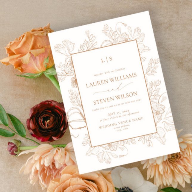 Monogram Elegant Terracotta Floral Line Wedding Invitation (Creator Uploaded)