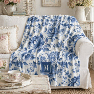 Monogram Elegant Vintage Blue Floral Pattern Fleece Blanket
