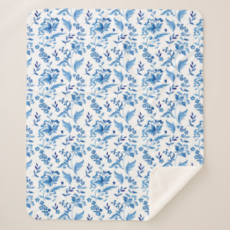 Monogram Elegant Vintage Blue Floral Pattern Sherpa Blanket