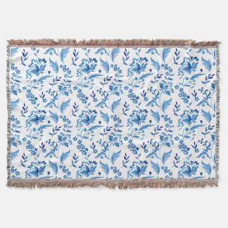 Monogram Elegant Vintage Blue Floral Pattern Throw Blanket