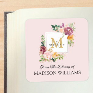 Monogram Elegant Watercolor Rose Floral Bookplate Square Sticker