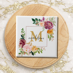 Monogram Elegant Watercolor Rose Floral Botanical 15 Cm Square Badge