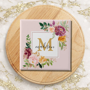 Monogram Elegant Watercolor Rose Floral Botanical 15 Cm Square Badge