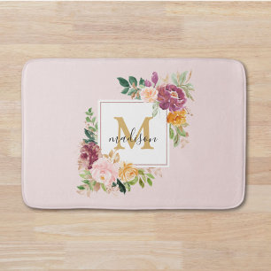 Monogram Elegant Watercolor Rose Floral Botanical Bath Mat