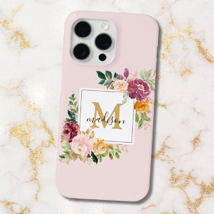 Monogram Elegant Watercolor Rose Floral Botanical iPhone 15 Pro Max Case
