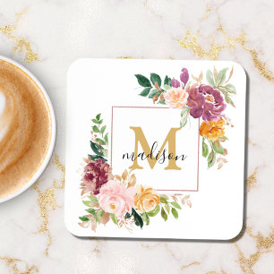 Monogram Elegant Watercolor Rose Floral Botanical Coaster