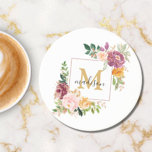 Monogram Elegant Watercolor Rose Floral Botanical Coaster