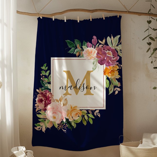Monogram Elegant Watercolor Rose Floral Botanical Fleece Blanket (In situ)