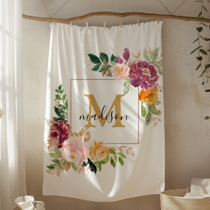 Monogram Elegant Watercolor Rose Floral Botanical Fleece Blanket