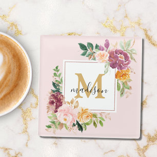 Monogram Elegant Watercolor Rose Floral Botanical Glass Coaster