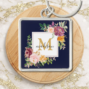 Monogram Elegant Watercolor Rose Floral Botanical Key Ring