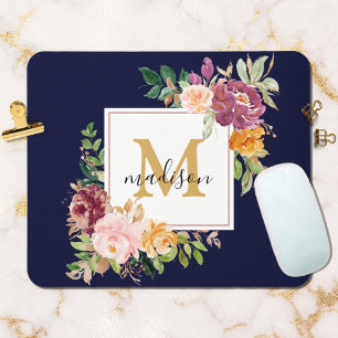Monogram Elegant Watercolor Rose Floral Botanical Mouse Pad