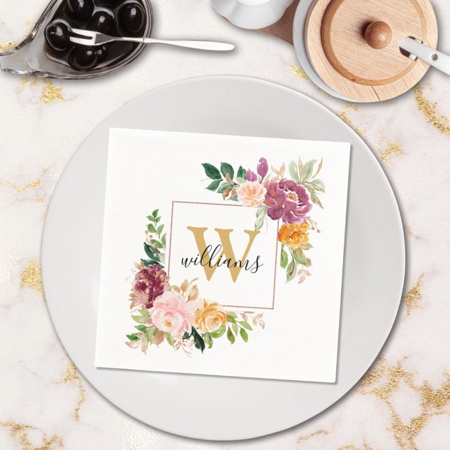 Monogram Elegant Watercolor Rose Floral Botanical Napkin (In situ)