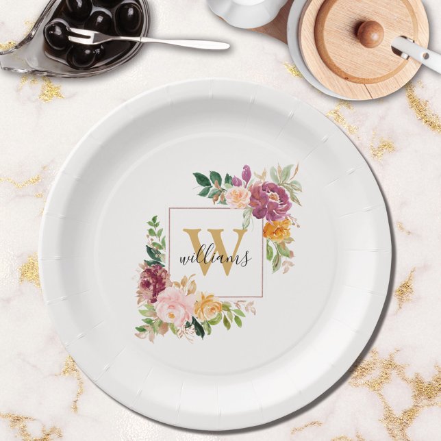 Monogram Elegant Watercolor Rose Floral Botanical Paper Plate (In situ)