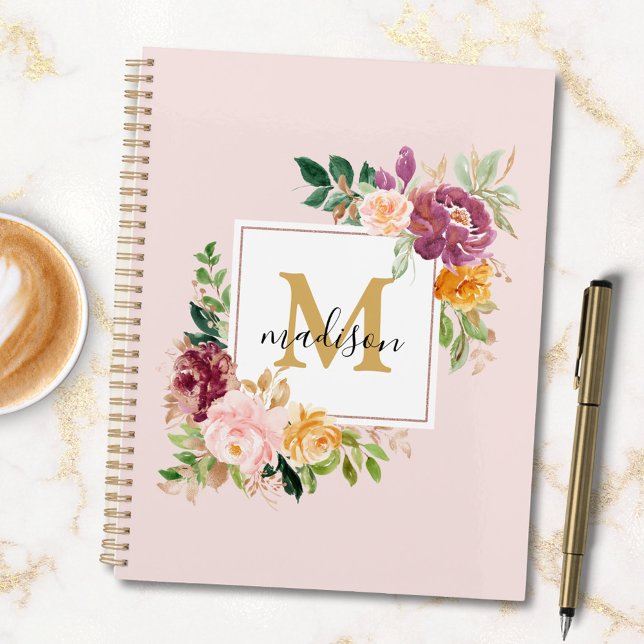 Monogram Elegant Watercolor Rose Floral Botanical Planner (In situ)