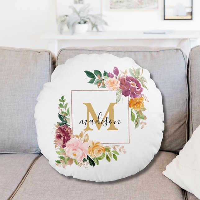 Monogram Elegant Watercolor Rose Floral Botanical Round Cushion (In situ)