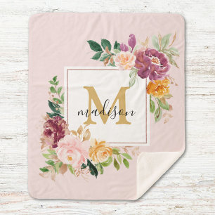 Monogram Elegant Watercolor Rose Floral Botanical Sherpa Blanket
