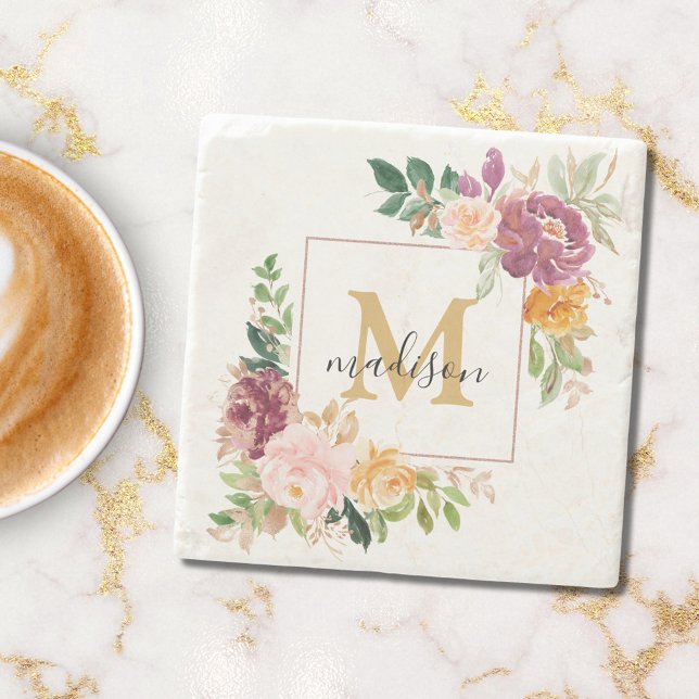 Monogram Elegant Watercolor Rose Floral Botanical Stone Coaster (In situ)
