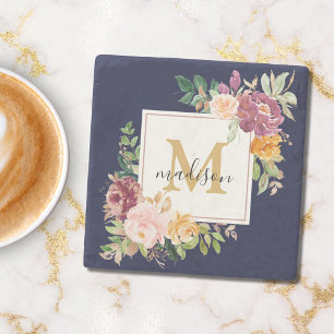 Monogram Elegant Watercolor Rose Floral Botanical Stone Coaster
