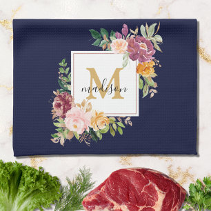 Monogram Elegant Watercolor Rose Floral Botanical Tea Towel