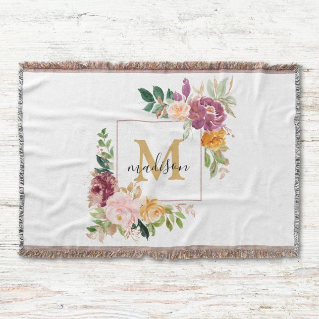 Monogram Elegant Watercolor Rose Floral Botanical Throw Blanket (In situ)
