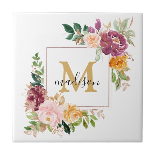 Monogram Elegant Watercolor Rose Floral Botanical Tile (Front)