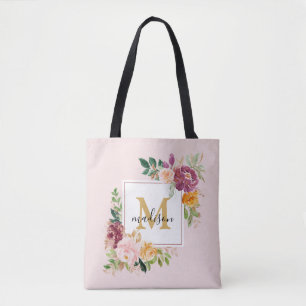 Monogram Elegant Watercolor Rose Floral Botanical Tote Bag