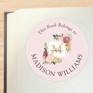 Monogram Elegant Watercolor Rose Flowers Bookplate Classic Round Sticker