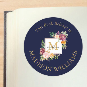 Monogram Elegant Watercolor Rose Flowers Bookplate Classic Round Sticker