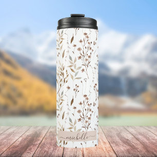Monogram Elegant Watercolor Wildflowers Leaves Thermal Tumbler