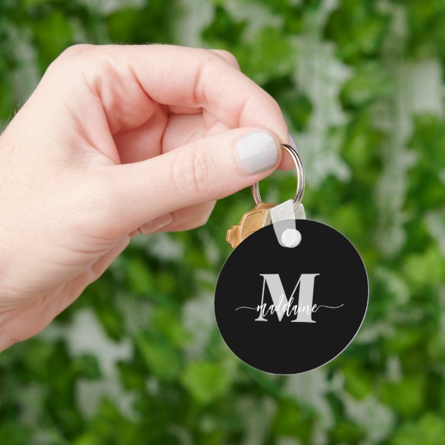 Monogram Elegant White Black Personal Key Ring (Hand)