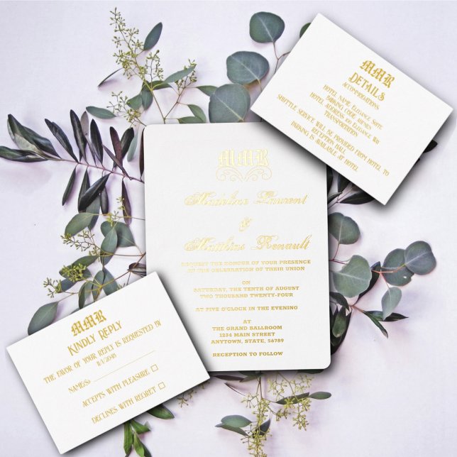 Monogram Elegant White & Gold Detail QR code Enclosure Card (Creator Uploaded)