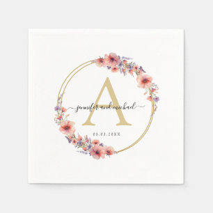 Monogram, elegant, wildflower, circle wedding napkin