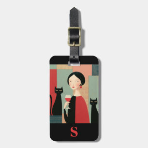 Monogram Elegant Woman Black Cats and Wine Luggage Tag
