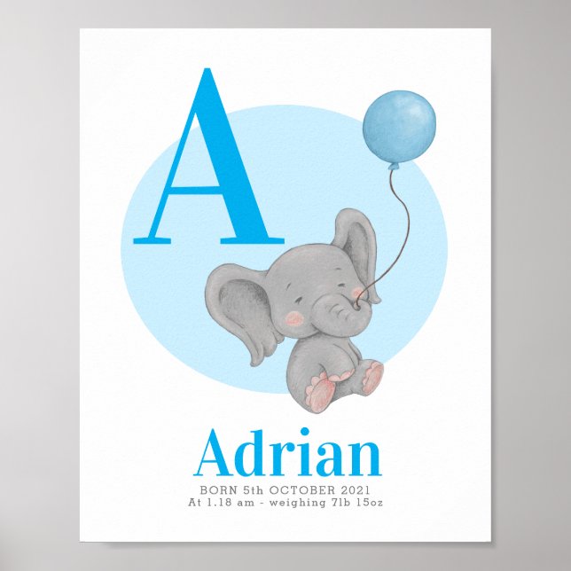 monogram elephant balloon name nursery wall art (Front)