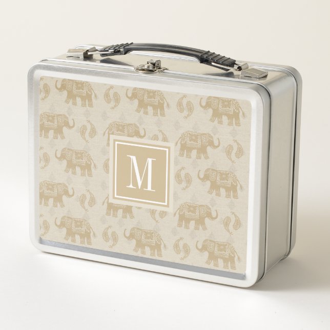 Monogram | Elephant Khaki Caravan Pattern Metal Lunch Box (Front)