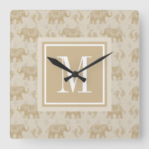 Monogram   Elephant Khaki Caravan Pattern Square Wall Clock