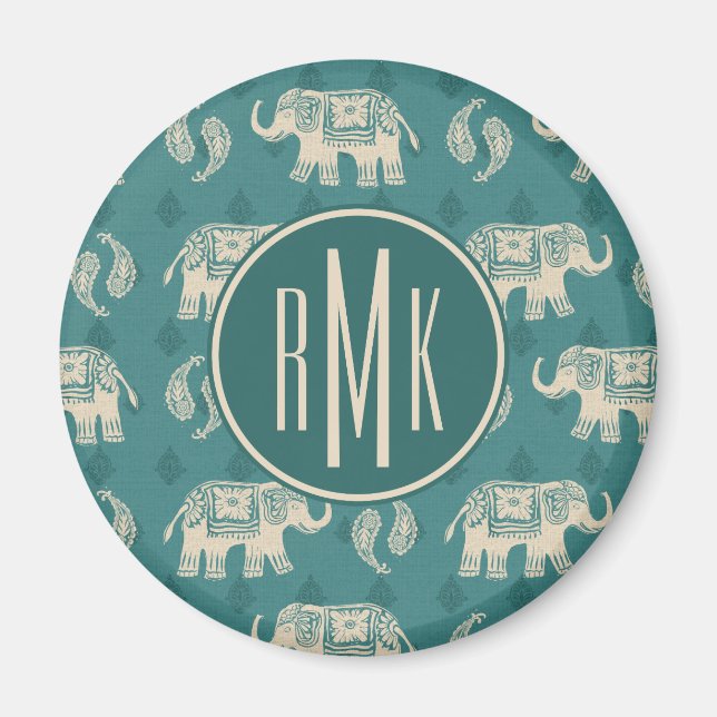 Monogram | Elephant Teal Caravan Pattern Magnet (Front)