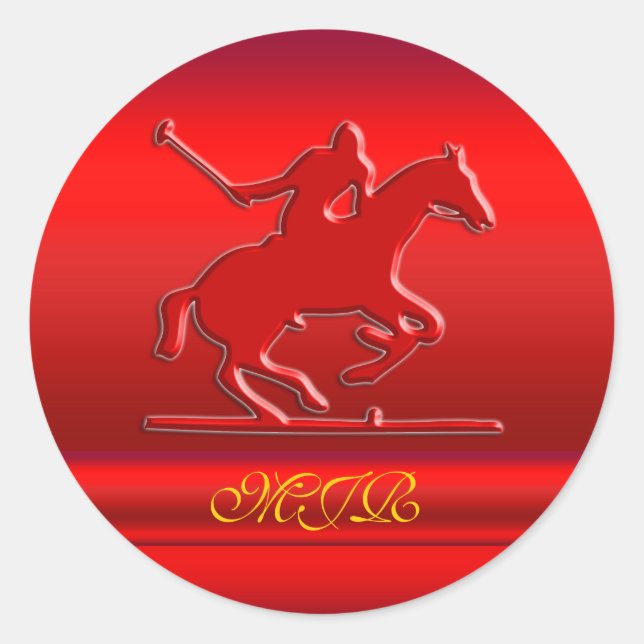 Monogram Embossed Polo Rider, red metal-effect Classic Round Sticker (Front)
