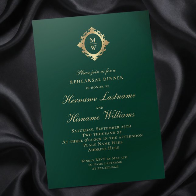Monogram Emerald Green Gold Rehearsal Dinner Invitation (Creator Uploaded)