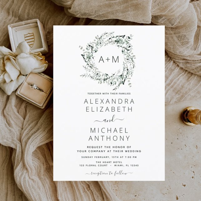 Monogram Emerald Green Greenery Wedding Invitation (Creator Uploaded)