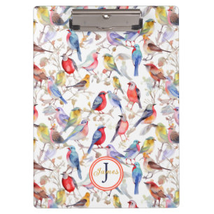 Monogram Enchanting Watercolor Birds Pattern Clipboard