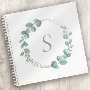 Monogram Eucalyptus Greenery Gold Glitter Wreath Notebook