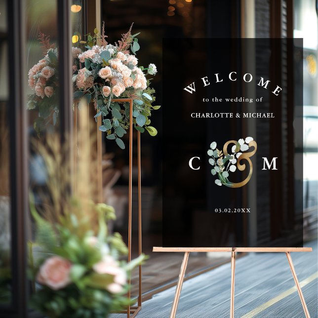 Monogram Eucalyptus greenery gold wedding welcome Acrylic Sign (Monogram Eucalyptus greenery gold wedding welcome Acrylic Sign)